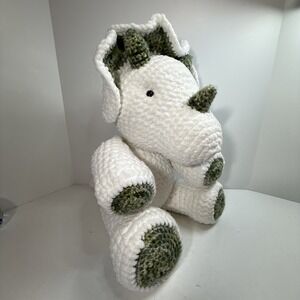 Dinosaur Stuffed Toy Handmade Crochet White Triceratops Cuddle Plush Lovey 16 In